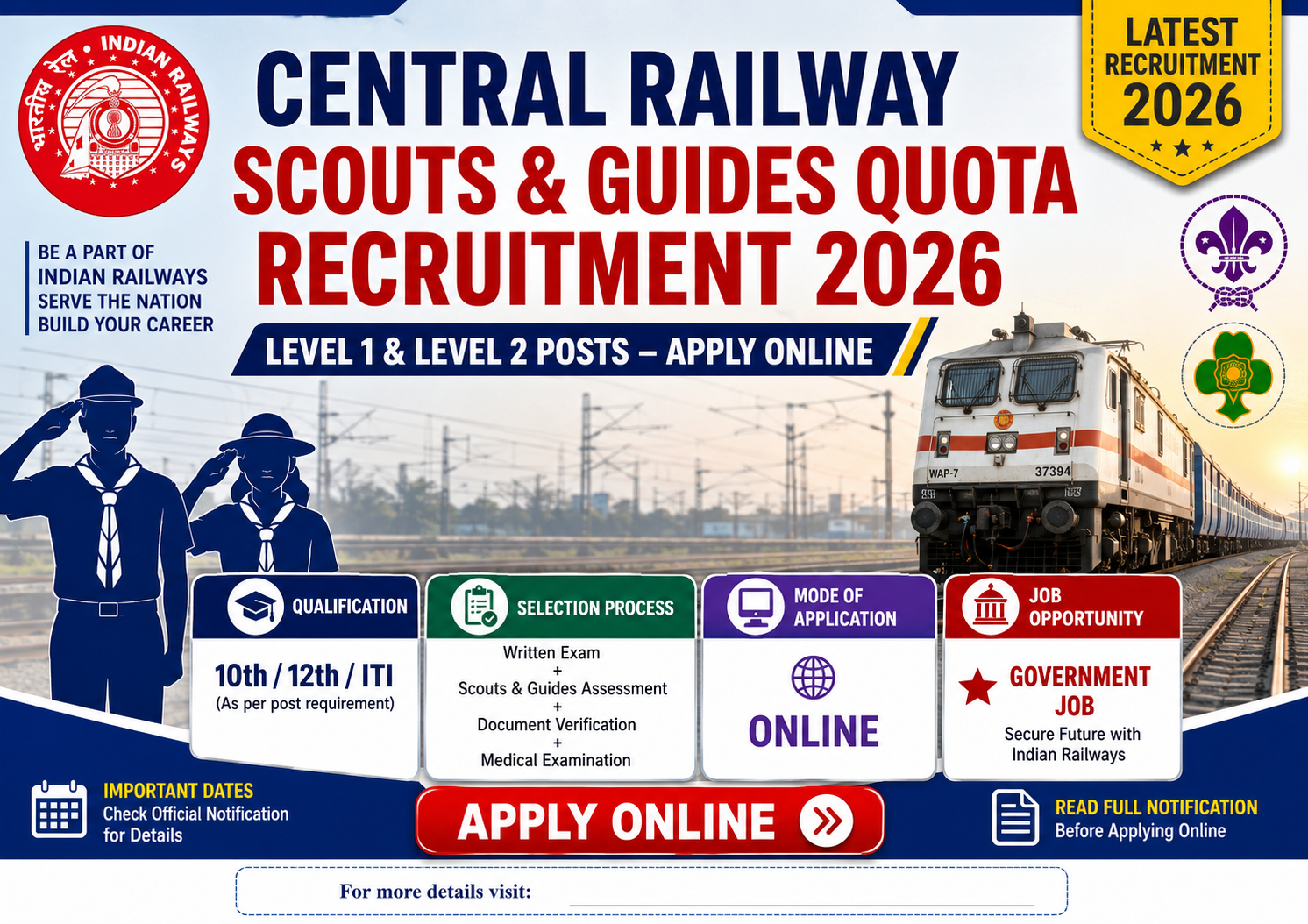 Central Railway Scouts & Guides Quota Recruitment 2026 Level 1 & Level 2 Posts Apply Online